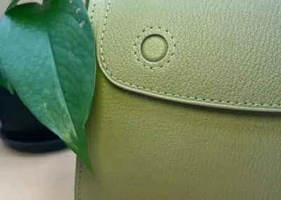 Sac vert en cuir près d'une plante